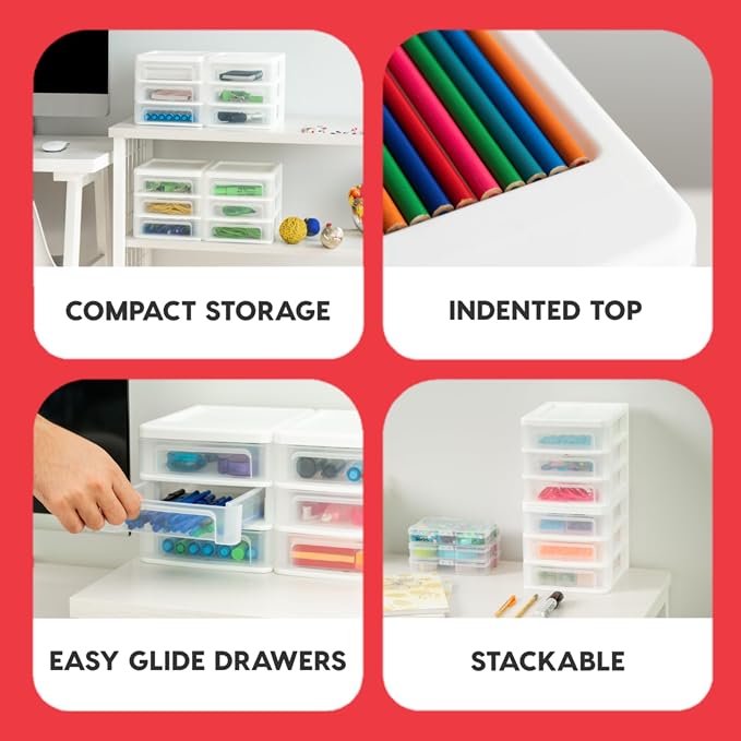 IRIS USA 2-Pack, 3-Drawer Small Plastic Stacking Desktop Organizer, White | Organize office supplies, stationery, makeup, craft materials and everyday essentials for neat desktop storage - Image 4