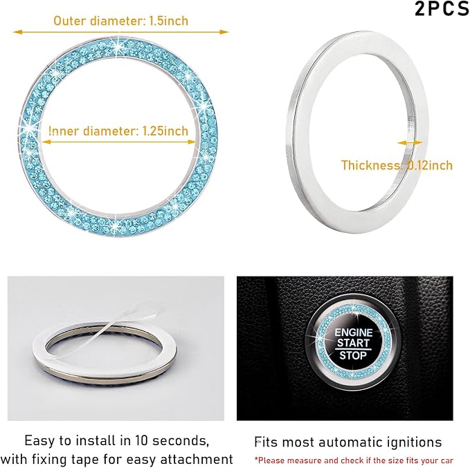 Kewucn 2 PCS Bling Crystal Double Rhinestone Car Engine Start Decoration Ring, Sparkling Push Start Button Sticker, Key Ignition & Knob Ring Decoration, Bling Car Interior Accessory(Lake Blue) - Image 2