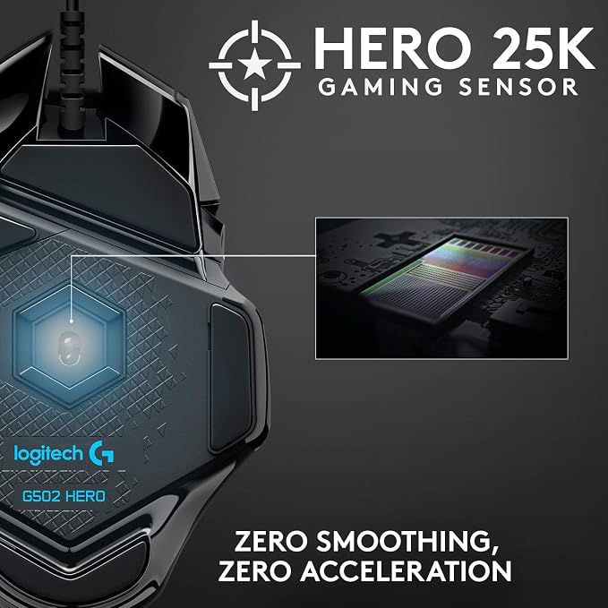 Logitech G502 Hero Wired Gaming Mouse - Black | High performance, 25,600 DPI, RGB, adjustable weights, 11 programmable buttons, on-board memory, PC/Mac - Image 2