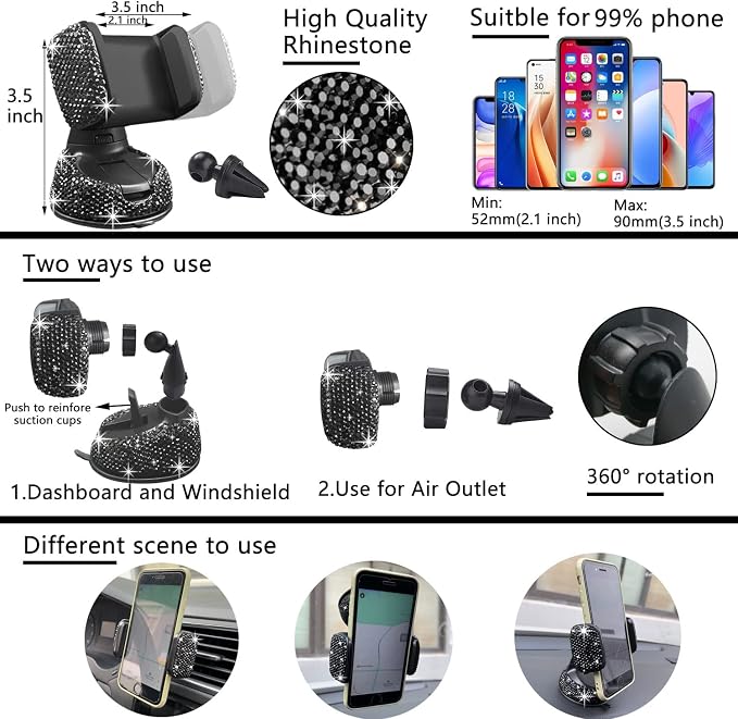 NBTEPEM 27 PCs Black Bling Car Accessories Set for Women, Steering Wheel Covers Universal Fit 15 Inch, Bling License Plate Frame, Bling Phone Holder, Bling Car Coasters (Black Diamond) - Image 5
