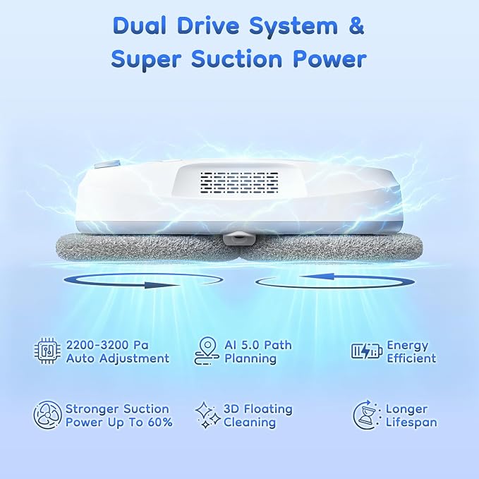 2026 Updated Window Cleaning Robot - Enhanced Battery, Max 6400Pa, Path Planning, Anti-Slipping, Edge Detection, Window Cleaner Robot for High-Rise Windows (2 pairs of nozzles, 10 cloths) (White) - Image 2