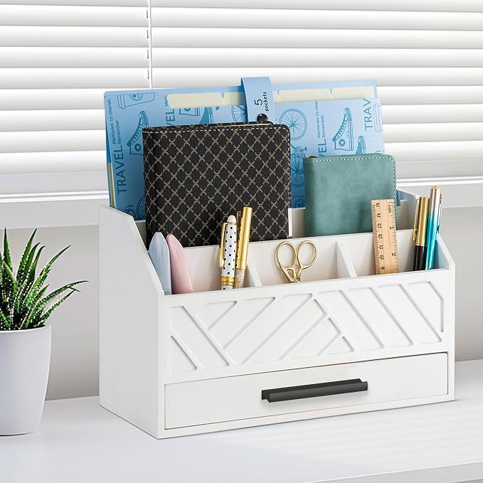 dreampossible Wood Desk Organizer and Accessories with Drawer, Bill Mail Organizer and File Mail Holder for Office Supplies, Modern Desk Accessories & Workspace Organizers for Desk Organization - Image 5