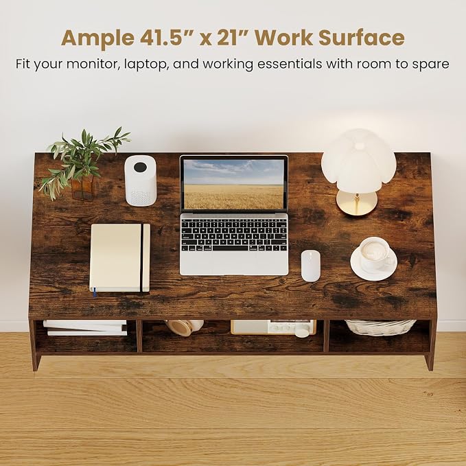 Giantex Wall-Mounted Computer Desk, Floating Laptop Desk with 3 Storage Compartments, Space-Saving Home Office Workstation Vanity Table for Bedroom, Study, Living Room (Rustic Brown) - Image 4