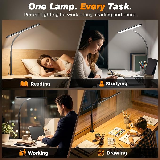 Airlonv LED Desk Lamp for Office Home, Eye-Caring Desk Light with Stepless Dimming Adjustable Flexible Gooseneck, 10W USB Adapter Desk Lamp with Clamp for Reading, Study, Workbench (Black) - Image 5