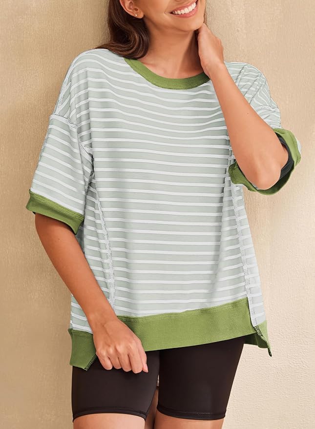 SHEWIN Womens Tops Casual Short Sleeve Sweatshirt Crewneck Striped Shirt Pullover T Shirts Loose Blouses - Image 3