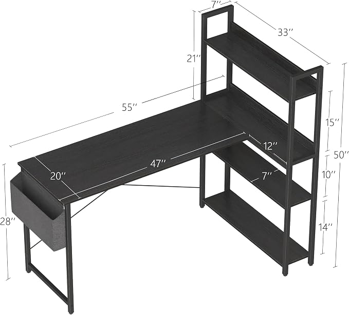 Treesland 55 Inch Small L Shaped Desk, Corner Desk with Bookshelf, Home Office Desk, Writing Study Desk for Bedroom, Black - Image 3