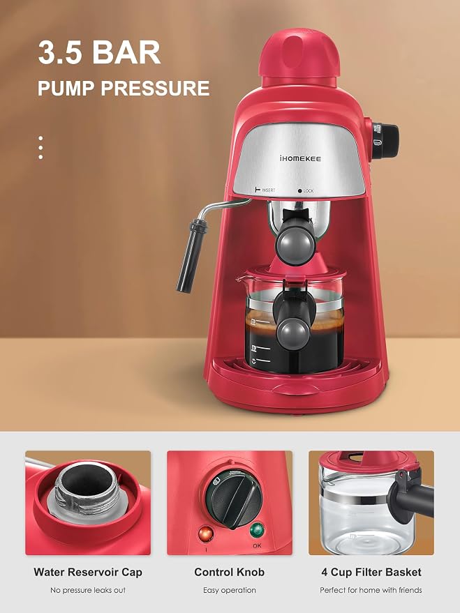 Ihomekee Espresso Machine, 3.5Bar Espresso and Cappuccino Machine | Preheating Function, 4 Cup Coffee Maker with Milk Frothing Function and Steam Wand (Red) - Image 4