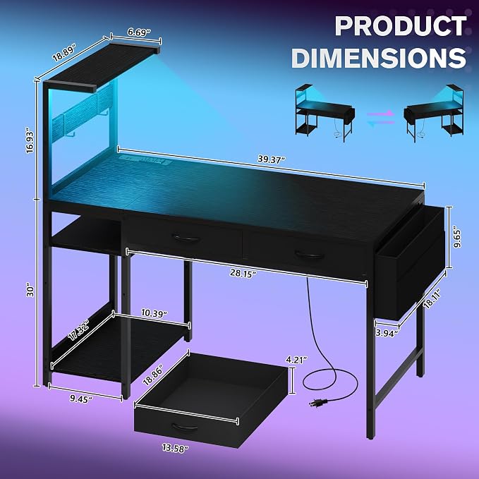 40 Inch Small Gaming Desk with Drawers & Led Lights & Storage Bag, Black | Reversible Storage Shelf, Power Outlets, Wood Grain Gaming Table, Compact Computer Desk for Small Space, Bedroom, Home Office - Image 3
