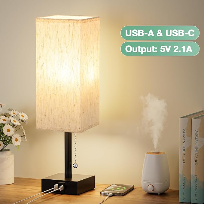 aooshine Pull Chain Small Table Lamp - 3 Color Temperature Bedside Lamp for Bedroom with USB Port, Minimalist Nightstand Lamp with Black Base, Desk Lamp for Kids Room Dorm, Bulb Included | Pull Chain Switch, LED Bulb Included, Cream Fabric Shade, 14.7"... - Image 4