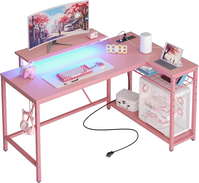 Bestier 52-Inch L-Shaped Gaming Desk with Charging & LED, Pink | Charging 3AC+2USB, RGB LED 20 Colors/22 Modes, Reversible Storage Shelves, Carbon Fiber Texture, Headphone Hook, 52 in by Bestier
