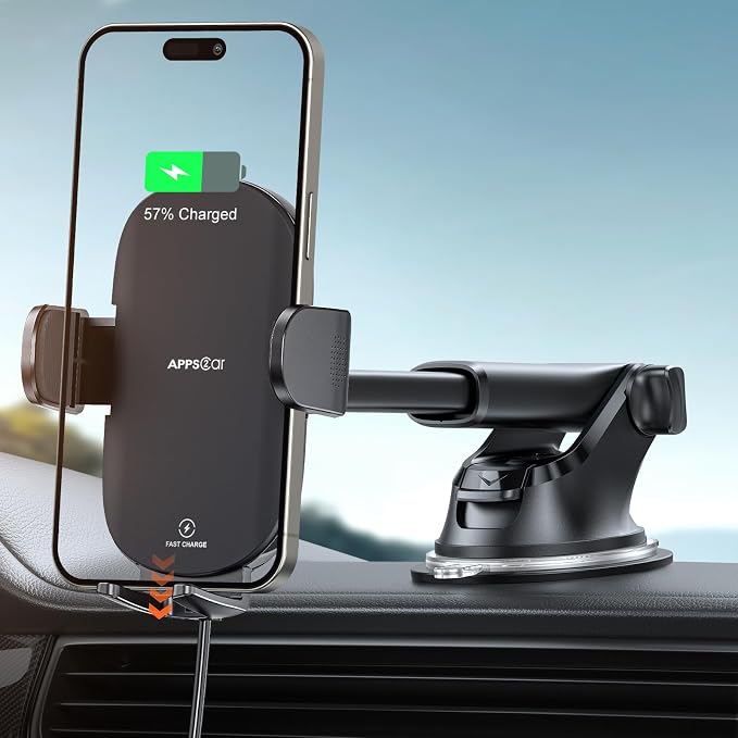 APPS2Car Suction Phone Mount Wireless Car Charger, 15W Dashboard Wireless Charger for Car, Compatible with iPhone, Samsung, LG and More by APPS2Car