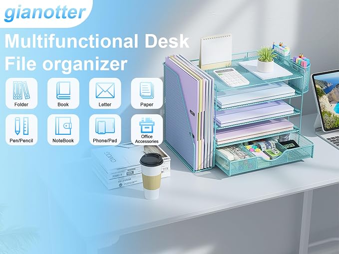 gianotter 5-Tier Desk Organizer with Drawers and File Holders | Letter Trays and Pen Holders - Workspace Accessories for Office Supplies (Blue) - Image 7