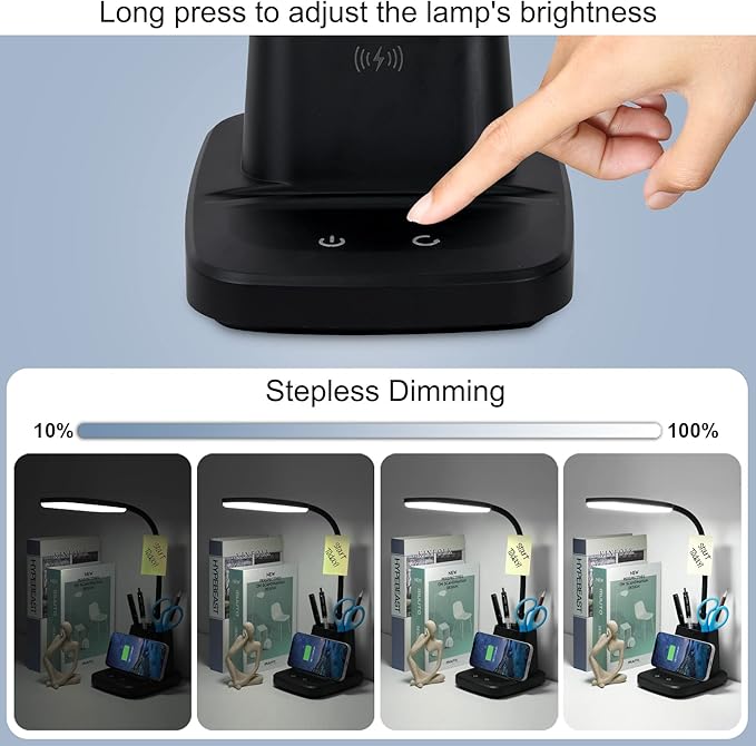 LED Desk Lamp with 10W Wireless Charging & Pen Holder, Black | CRI 95, 800LM, Stepless Dimming, 3 Modes, 360°Flexible Arm, Touch, Study Table Lamp for Home Office, Dorm Room, with Adapter - Image 5