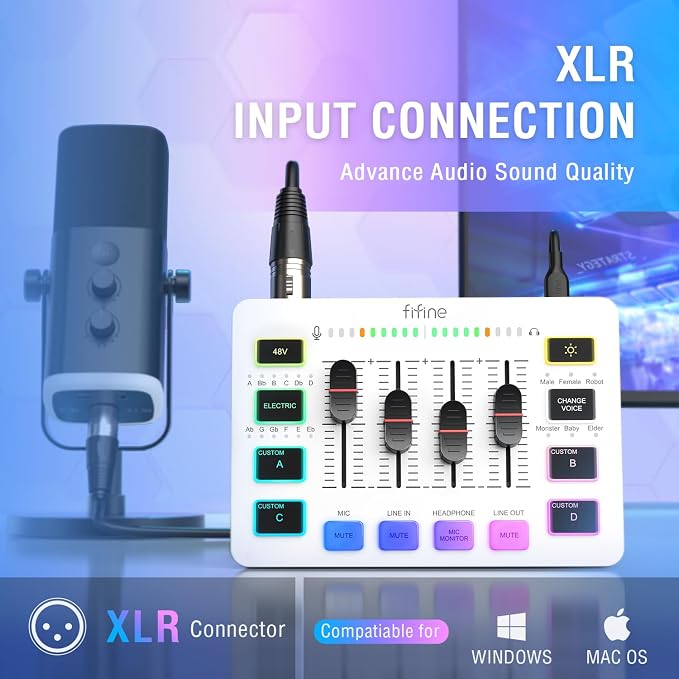 FIFINE Audio Mixer, Gaming Streaming PC Mixer with Slider Fader, XLR Microphone Interface, Monitoring, for Video/Game Voice/Podcast Recording-AmpliGame SC3W | USB PnP For PC,Mute Button,XLR Preamp,RGB,Voice change,48V Phantom Power,Monitoring,Podcast,R... - Image 2