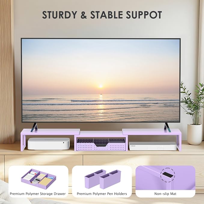 OPNICE Desk Organizers and Accessories, Dual Computer Monitor Stand Riser with Drawer and 2 Pen Holders, Office Desk Accessories, Workspace Desktop Organization for Office Supplies (Purple Metal ) - Image 8