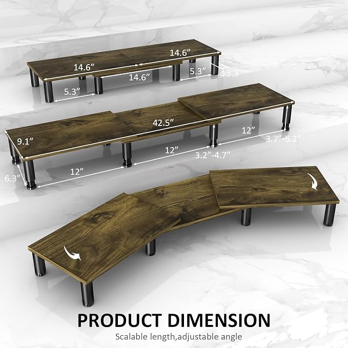AX WABER Dual Monitor Stand Riser, Monitor Stand with Adjustable Length and Angle, Wood Monitor Stand for Desk, Monitor Riser for 2 Monitors with Storage Space - Image 5