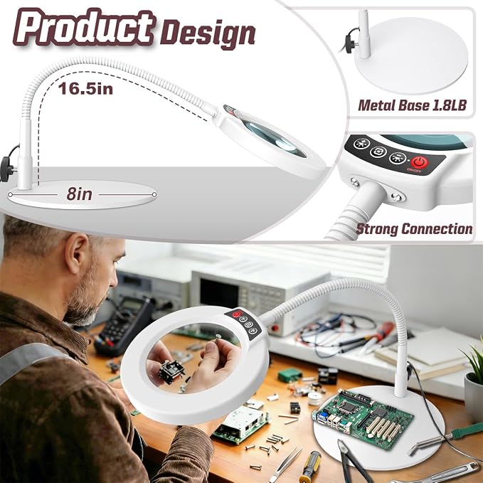 10X Magnifying Glass with Light and Stand, 16.5in Flexible Goose-Neck, 5 Color Modes Stepless Dimmable LED Lighted Desk Lamp, Hands Free Magnifier for Crafting Hobby Painting Close Work - White - Image 2