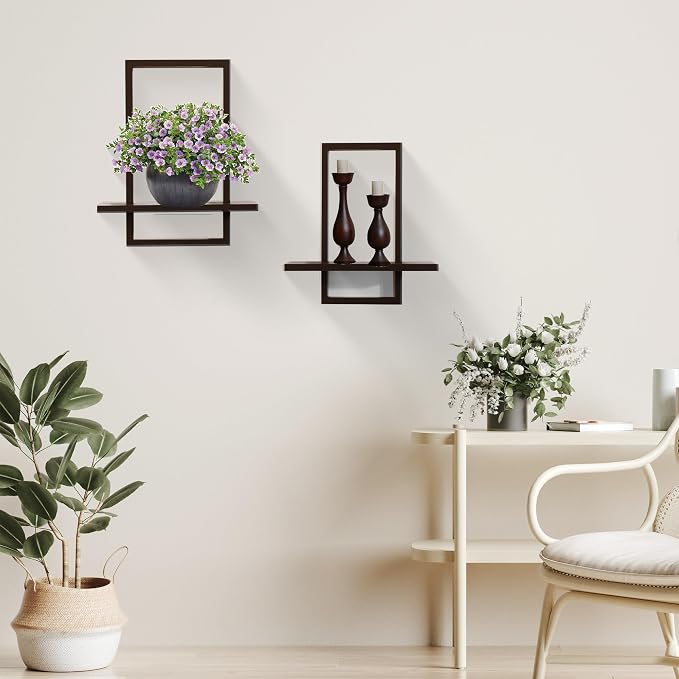 PHOENANCEE Square Floating Shelves,Wall Plants Holder,Bathroom Wall Decor,Framed Decorative Shelf Black,Modern Chic Set of 2 for Living Room Bedroom Home Office,Soild Wood,L+S(Walnut - Image 4