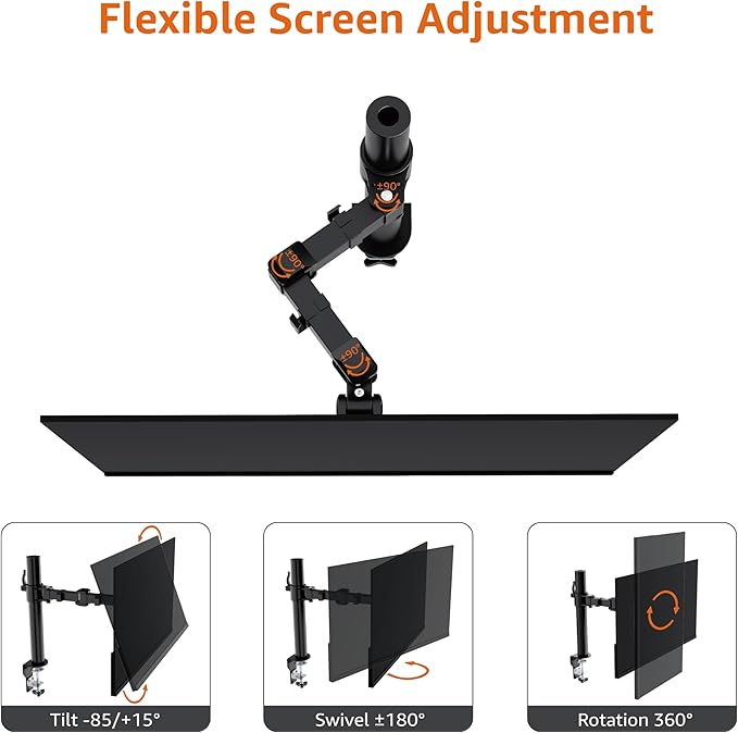 Amazon Basics Single Computer Monitor Stand with Cable Management, Height Adjustable VESA Desk Arm Mount, Fully Adjustable Tilt and Rotation, Steel, Black, Fits 13-30" Screens - Image 4