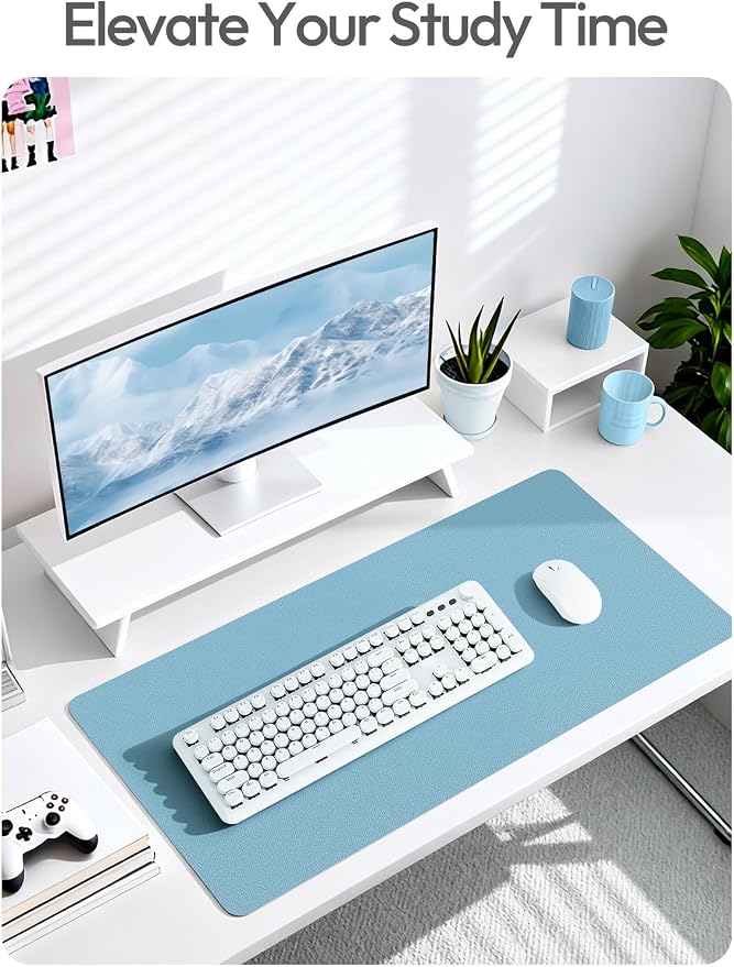 YSAGi Leather Desk Protector, Office Mat, Large Mouse Mat, Non-Slip PU Leather Blotter, Laptop Desk Mat, Waterproof Writing Pad for Office and Home (Sea Blue, 47" x 17") - Image 6
