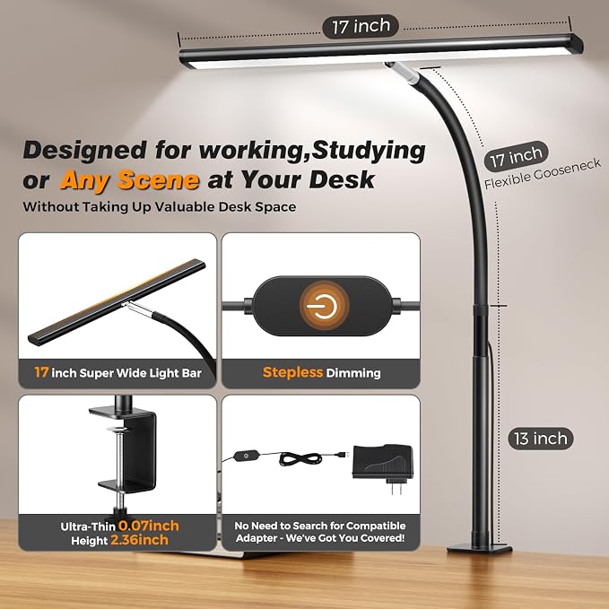 Airlonv LED Desk Lamp for Office Home, Eye-Caring Desk Light with Stepless Dimming Adjustable Flexible Gooseneck, 10W USB Adapter Desk Lamp with Clamp for Reading, Study, Workbench (Black) - Image 3