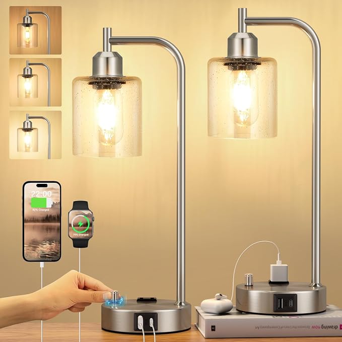 Industrial Table Lamps for Bedrooms Set of 2 - Fully Dimmable Bedside Lamps with USB A and C Ports and Outlet, Nickel Nightstand Lamps with Glass Shade for Living Room, Desk Lamps for Office Reading by Innqoo