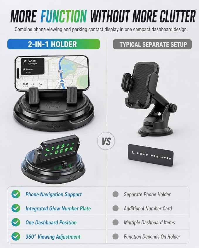 Car Phone Holder 360 Degree Rotation Navigation Mount Splendid Dashboard Windshield Accessories for Women Rotating Soporte De Telefono para Carro Grip Anti-Slip Grips(Glow Number Edition) - Image 7