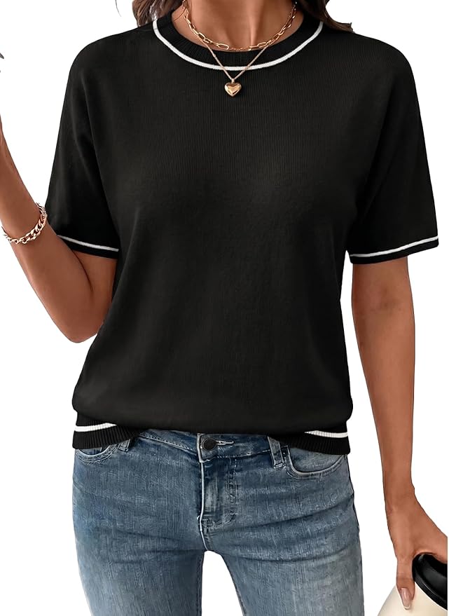 SHEWIN Womens Tops Trendy Short Sleeve Shirts Crewneck Lightweight Knit Sweater Top Business Casual Outfits by SHEWINBeYourFashionStylist