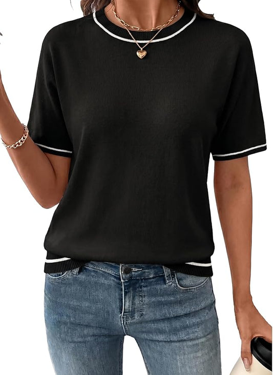 SHEWIN Womens Tops Trendy Short Sleeve Shirts Crewneck Lightweight Knit Sweater Top Business Casual Outfits by SHEWINBeYourFashionStylist