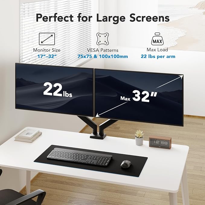 HUANUO Dual Monitor Mount for 2 Monitors up to 32 inches, Each Arm Holds Max 22lbs, Dual Monitor Stand with Advanced System, Height-Adjustable/Tilt/Swivel/Rotate, VESA Standard 75mm or 100mm - Image 2