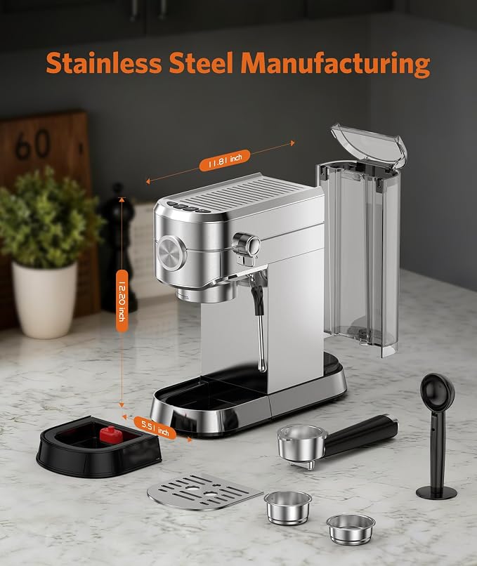 COWSAR Espresso Machine,Expresso Coffee Machines,Espresso Maker with Milk Frother Steam Wand & 40oz Removable Water Tank，Stainless Steel Compact Cappuccino & Latte Machine - Image 6