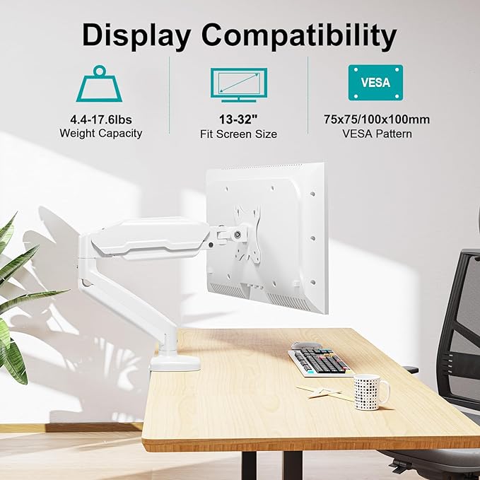 MOUNT PRO Single Monitor Desk Mount - Articulating Gas Spring Arm, Removable VESA Mount for Computer Monitor Stand with Clamp and Grommet Base Fits 13 to 32 Inch Screen, VESA 75x75, 100x100, White - Image 2