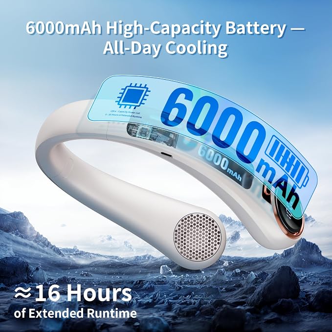 BNBZ Portable Neck Fan, 6000mAh Rechargeable Fan Blows Cold Air with LED Display, 4 Speeds, 20H Runtime, Quiet Wearable 360° Personal Cooling Fan for Outdoor Travel Work Gym,Fireplace Fans-White - Image 4