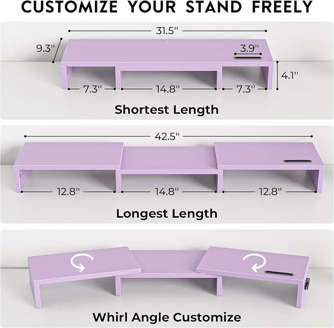 BONTEC Dual Monitor Stand Riser with Smartphone Holder, Adjustable Length & Swivel Angle, Ergonomic Wooden Desktop Organizer for PC Monitor, Laptop, Printer, Large Storage, 42.5 in, Purple - Image 3