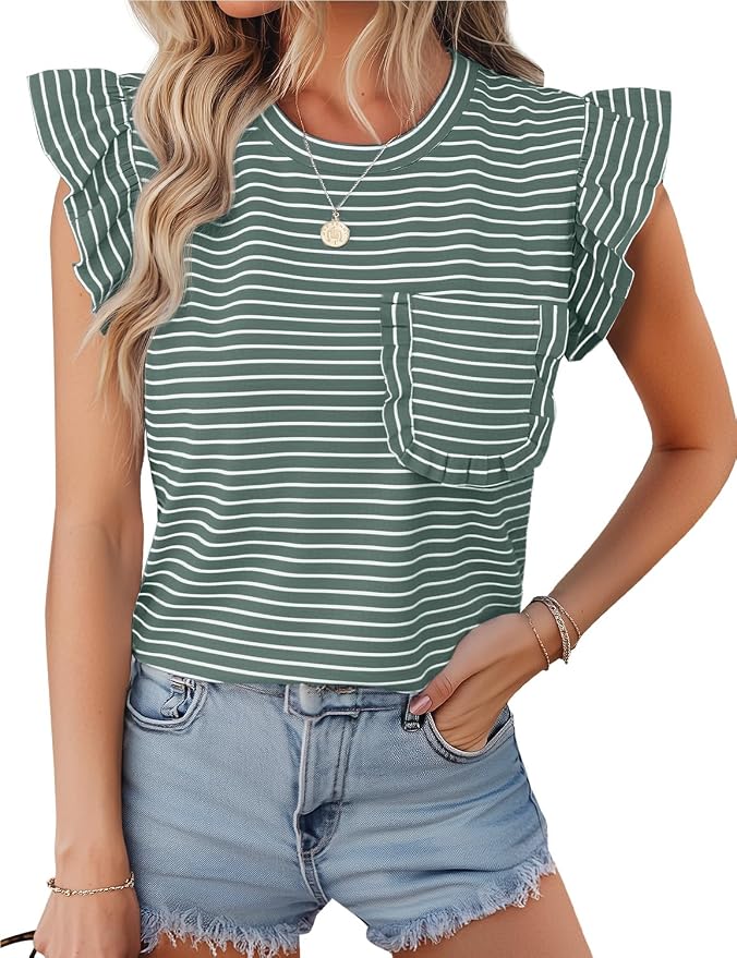 JUSTFASHIONNOW Womens Summer Tops Striped T-Shirts 2026 Ruffle Short Sleeve Crew Neck Casual Blouses with Pocket - Image 2