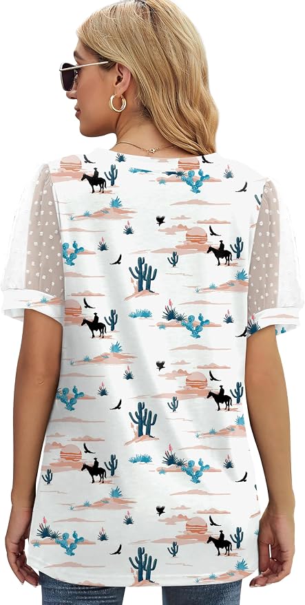 Aokosor Womens Summer Tops V Neck T Shirts Swiss Dot Puff Sleeve Tops Loose Casual Tshirts - Image 4