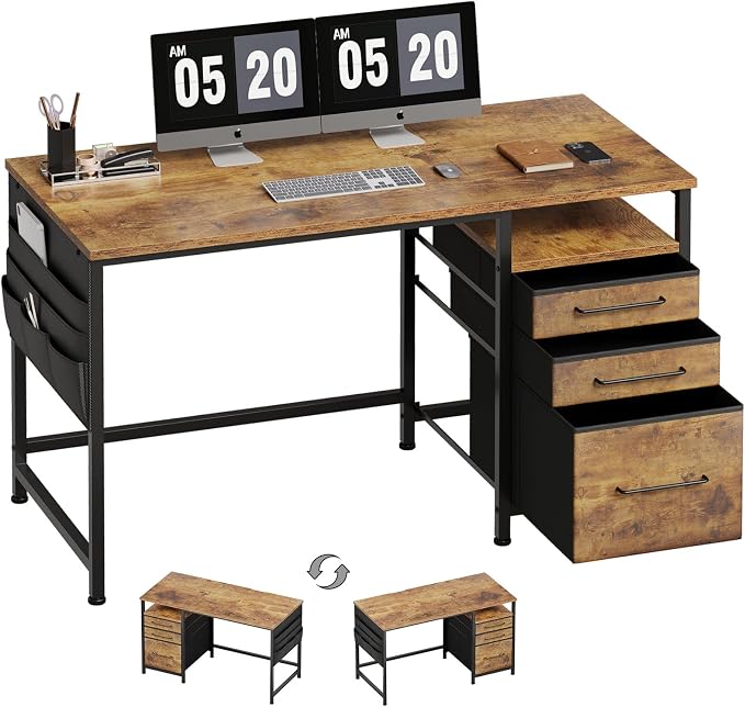 Maihail Small Desk with Drawers, Office Desk with Storage Shelves, Brown2 | 47 Inch Desktop, Metal Frame, 3 Fabric Drawers, Storage Shelves, Computer & Writing Desk, Office Gaming Workstation by Maihail