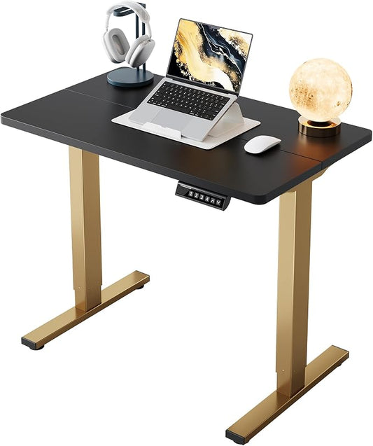 HUANUO 32" Small Electric Standing Desk Adjustable Height, 4 Memory Height Settings, Sit Stand Up Desk for Home Office & Computer Workstation, Black and Gold Frame by HUANUO