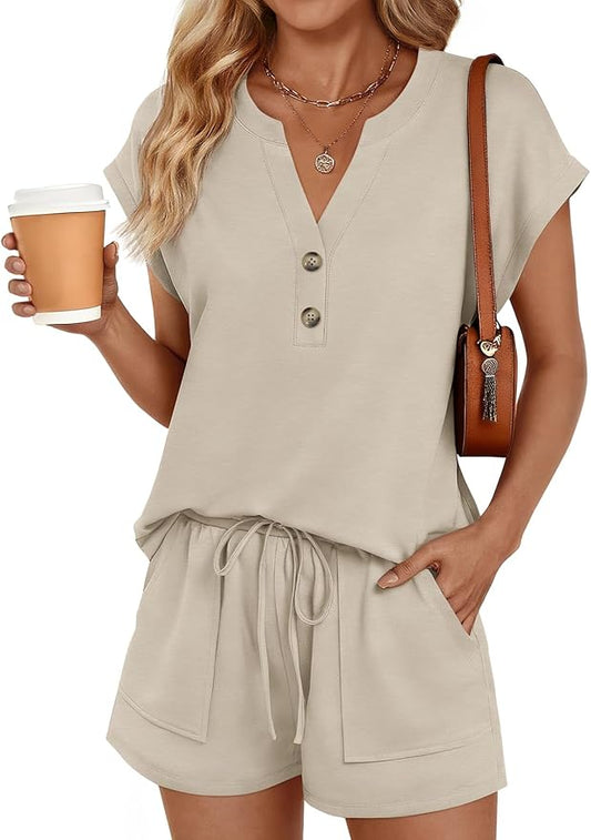 LILLUSORY 2 Piece Summer Set 2026 Henley Top & Drawstring Shorts with Pockets by Lillusory