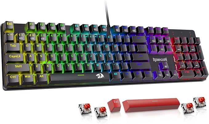 Redragon Mechanical Gaming Keyboard Wired, 11 Programmable Backlit Modes, Hot-Swappable Red Switch, Anti-Ghosting, Double-Shot PBT Keycaps, Light Up Keyboard for PC Mac by REDRAGON