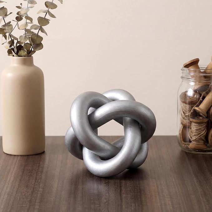 Yalikop 3 Link Wood Knot Decor Rustic Home Décor Accents Hand Carved Coffee Table Decoration, Boho Chain Link Decoration, Modern Shelf, Rustic Objects for Home Living Room Bedroom (Silver) - Image 6