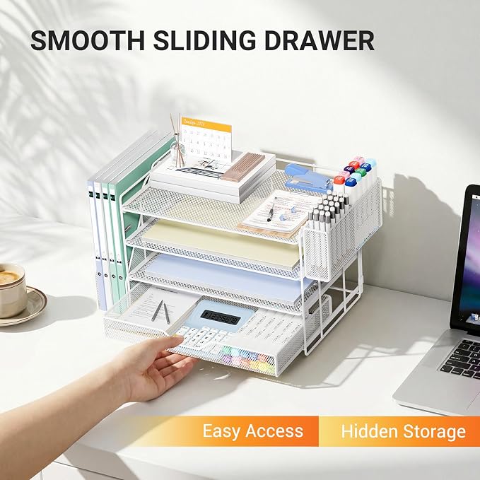 OPNICE Desk Organizers and Accessories, 4-Tier Desktop File Organizer with Drawer and Pen Holders, Office Desk Accessories Workspace Organizers for Office Supplies (White) - Image 5