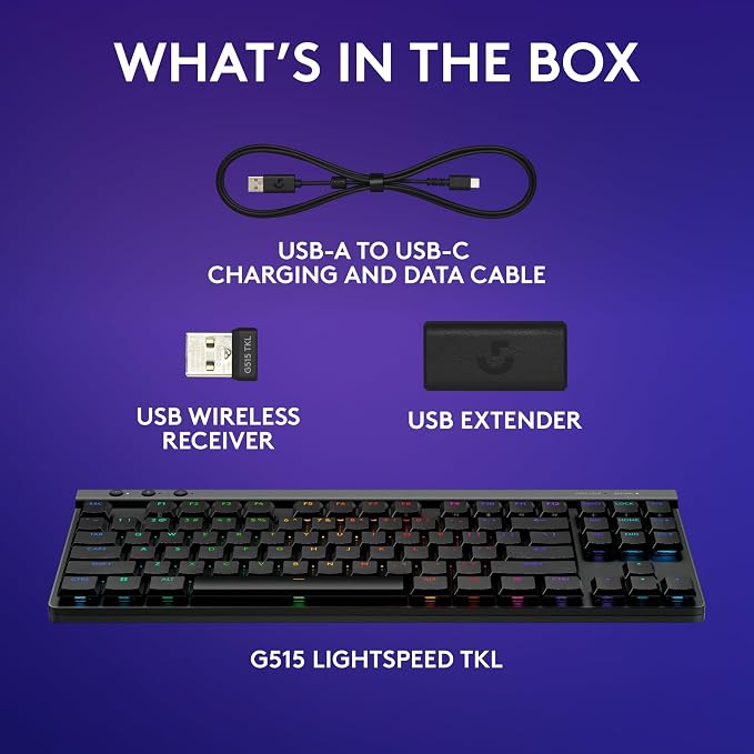 Logitech G515 Lightspeed TKL Wireless Gaming Keyboard (Linear) - Black | LIGHTSPEED wireless, LIGHTSYNC RGB, thin tenkeyless design, double-shot PBT keycaps, mechanical switches - Image 8
