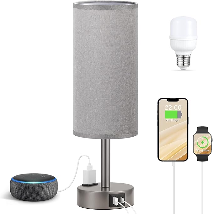 Fenmzee Grey Bedside Table Lamp for Bedroom - 3 Way Dimmable Touch Lamp USB C Charging Ports and AC Outlet, Small Lamp for Living Room, Desk, LED Bulb Included by Fenmzeelighting