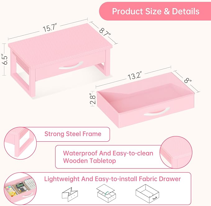 Desk Organizers and Accessories, Computer Monitor Stand Riser with Fabric Drawer, 2-Tier Laptop Stand for Desk, Office Organization Accessories, Pink - Image 6