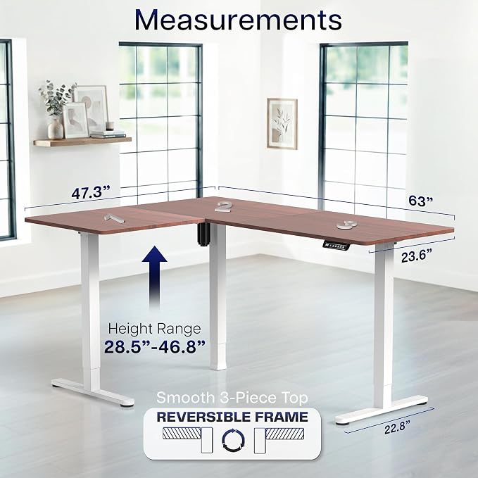 VIVO Dark Walnut 63 x 47 in Corner Standing Desk, DESK-E3CTWD-47 | Electric, Reversible L-Shaped Table, Sit Stand, Height Adjustable, Memory Controller, Office Furniture Sets, White Frame - Image 5