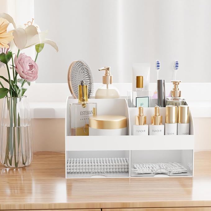 Makeup Organizer with Drawers, Cosmetic Storage for Dresser Vanity and Bathroom Countertop, Beauty Holder for Lipstick Brush, Skincare Organizer for Vanity, Cosmetic Display Case (White-2P) - Image 4