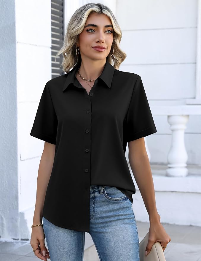 Zeagoo Button Down Shirts for Women Short Sleeve Collared Tops Dressy Casual V Neck Blouses - Image 4