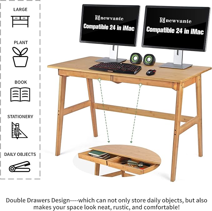 Nnewvante Writing Computer Desk 46" Bamboo Home Office Table with 2 Drawers, Modern Furniture Simple Study Makeup Workstation | Work Study Laptop Table for Bedroom, Modern Simple Style - Image 6