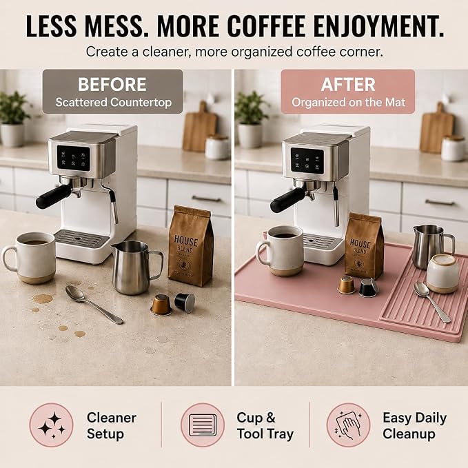 Silicone Coffee Mat 24 x 16 in with Tray, Soft Light Pink | Coffee bar mat for countertop use, coffee station mat or coffee machine mat with removable tray and 0.47 in raised rim. - Image 9